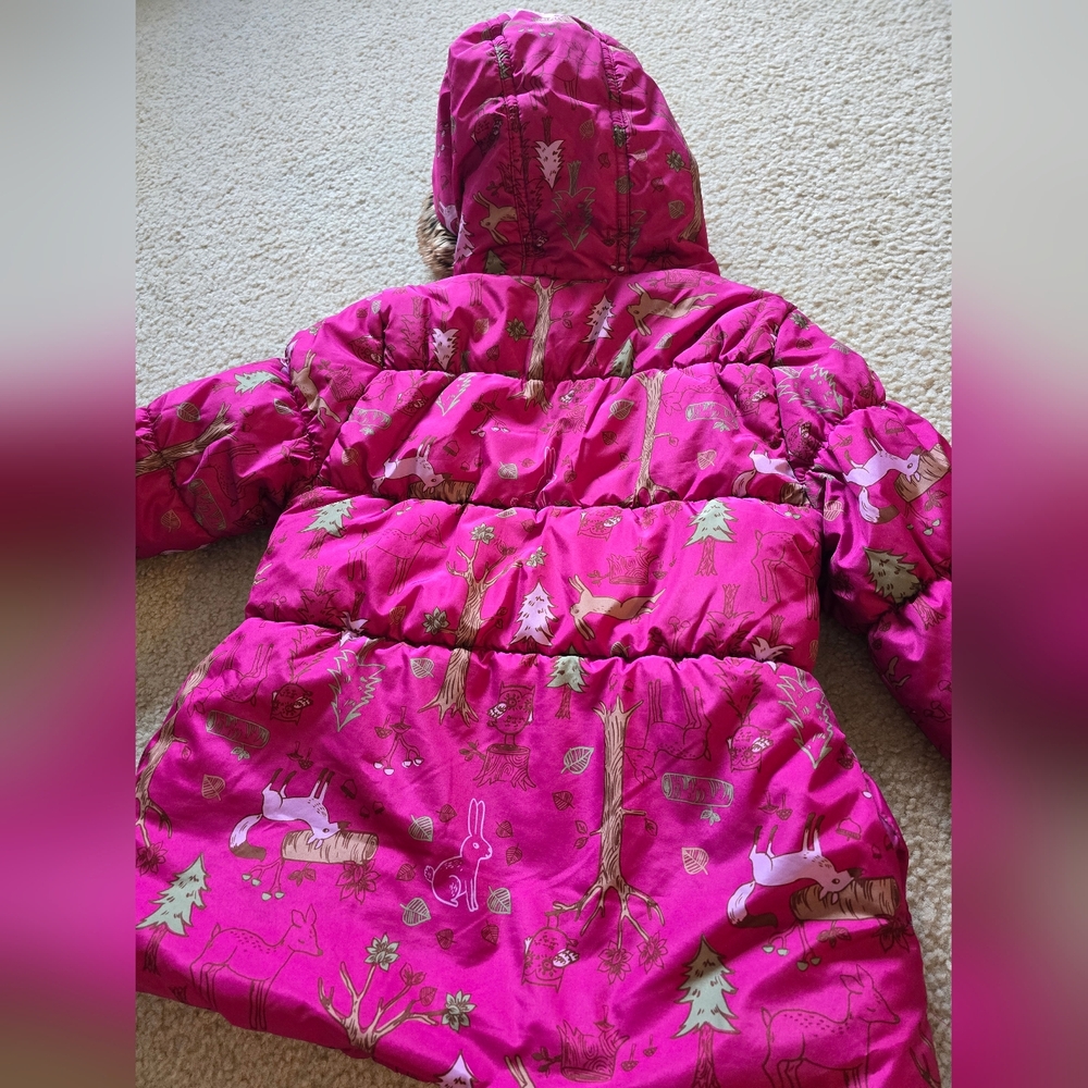Joe Fresh Pink Floral Forest Print Puffer Jacket with Faux Fur Hood - Picture 7 of 8